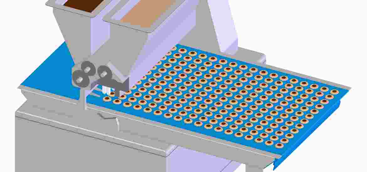 Different dough ingredients are extruded from nozzles directly onto the belt, forming the cookies. Here, hygiene and resistance to oil and grease are very important.