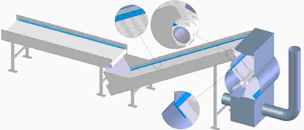 In this step, seals need to be airtight and belt material needs to be tobacco-proof, compressible and wear-resistant. The lightweight rubber fabric range with its natural rubber inner layer has all of these characteristics. The tumblers are fed by incline conveyors.