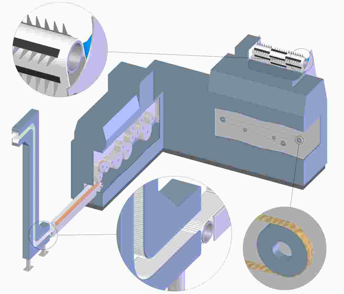 The cut tobacco is transported to the cigarette maker by air (tubes) and then circulated in the feeder unit. Once at the maker, the suction tape collects and conveys the tobacco to create a tobacco rod. The finished cigarettes are transported on belts out of the maker.