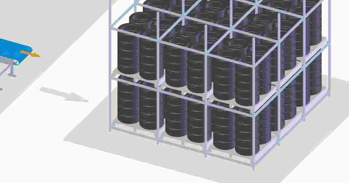 Finished tyres need to be stored (short term) before they are transported to the hubs of the sales channels. This storage has a demand of intralogistics where conveyor belts are often used. To quickly load and unload trucks it is common to use telescopic loading systems.