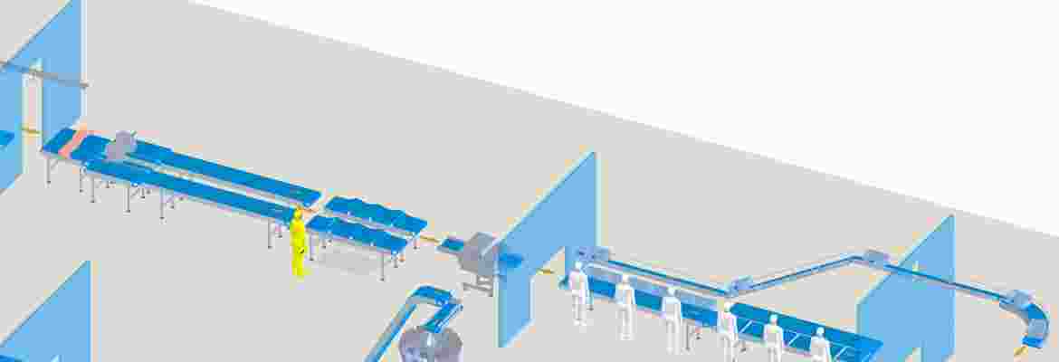 The carcass is processed into main and by-products in several steps. The deboning speed is determined by the supply of carcasses or carcass parts. This keeps the pressure on the work-load and therefore on the production. The deboned meat and the by-products are checked in crates or on a conveyor belt and led away.