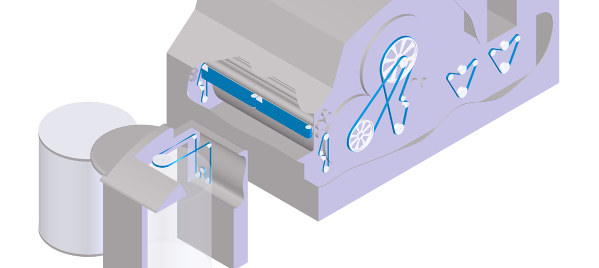 Carding machines align lose fibres into tufts or fleece. Carding machines are driven by power transmission belts and have sliver tapes installed to guarantee a frictionless output of the carded sliver out of the machine.